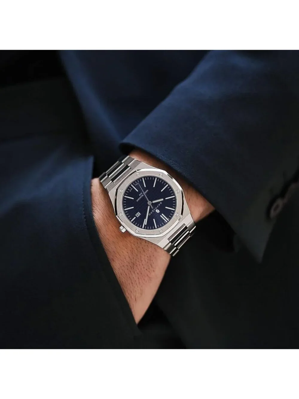 Men's Sliver Strap Blue Face Stainless Steel Octagonal Date Quartz Wrist Watch